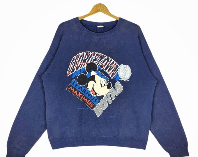 image of Varsity Georgetown University Sweatshirt- Vintage Mickey Mouse in Blue, Men's (Size Large)