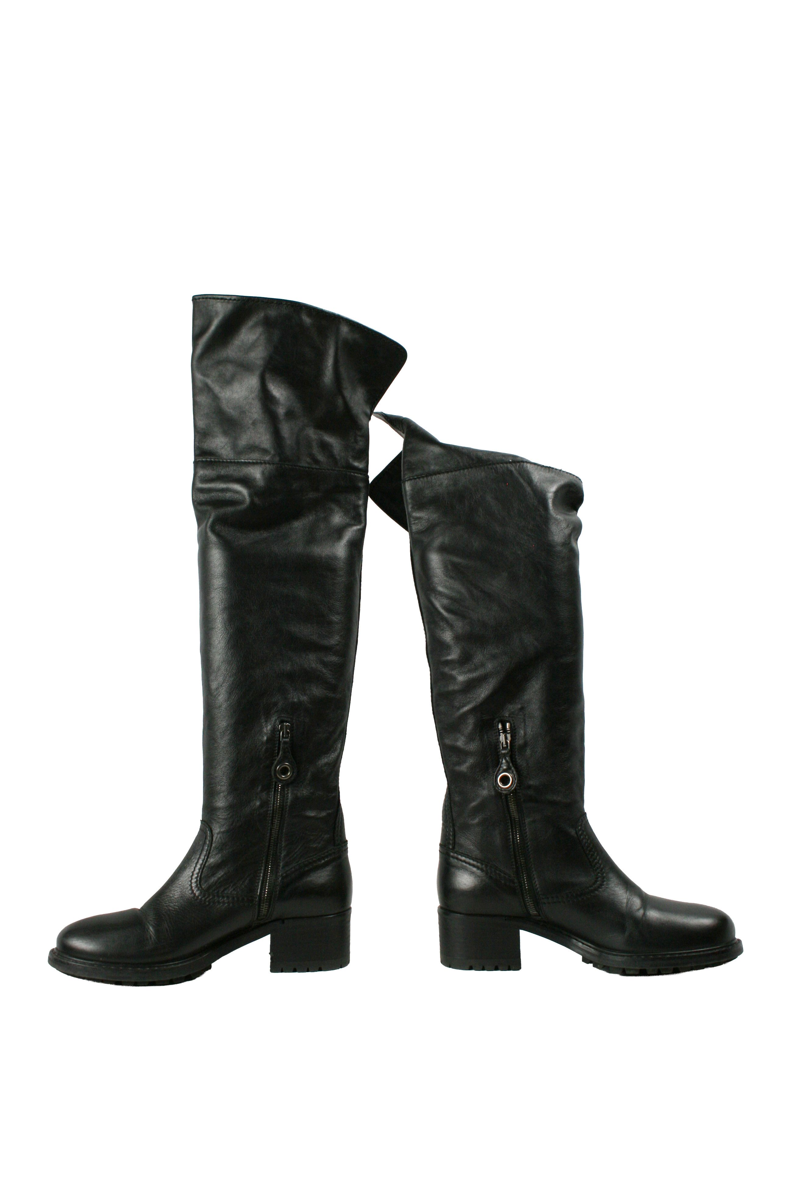 Car Shoe By Prada Overknees Riding Tractor Leather Boots Size US 9 / IT 39 - 13 Thumbnail