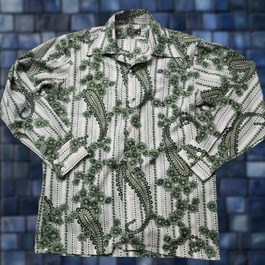 VINTAGE JC Penney Green Floral Polyester Shirt 70s 15 -15.5 M Men Button-Up Short Sleeve Collared 100 Polyester Lightweight
