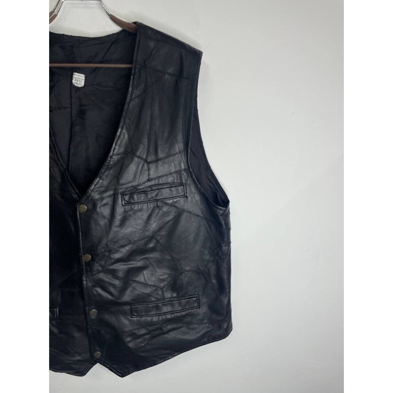 Vintage Vintage Black Leather Patchwork Biker Vest Utility Pockets Size US L / EU 52-54 / 3 - 2 Thumbnail