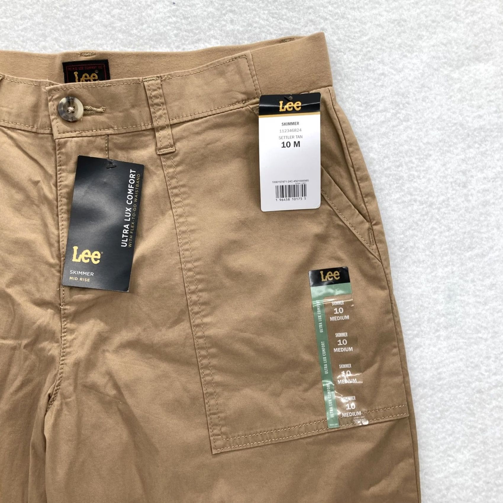 Lee Lee Skimmer Pants Womens 10 Medium Ultra Lux Comfort Cropped Mid Rise Stretch Beige Twill 98% Cotton 2% Elastane Pockets Logo Casual Travel Size 32" / US 10 / IT 46 - 2 Thumbnail
