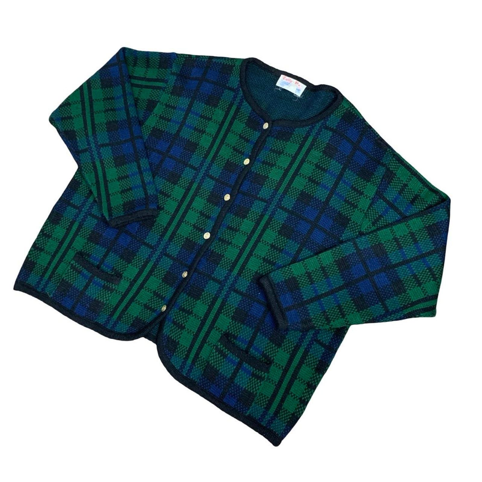 Vintage Vintage 90s Coquette Knit Plaid Cardigan Sweater Size XXL / US 16-18 / IT 52-54 - 1 Thumbnail