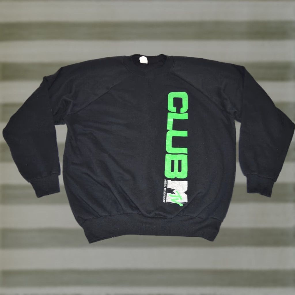 VINTAGE MTV Club MTV Raglan Black Sweatshirt Size M/L 80s c.1989 Neon