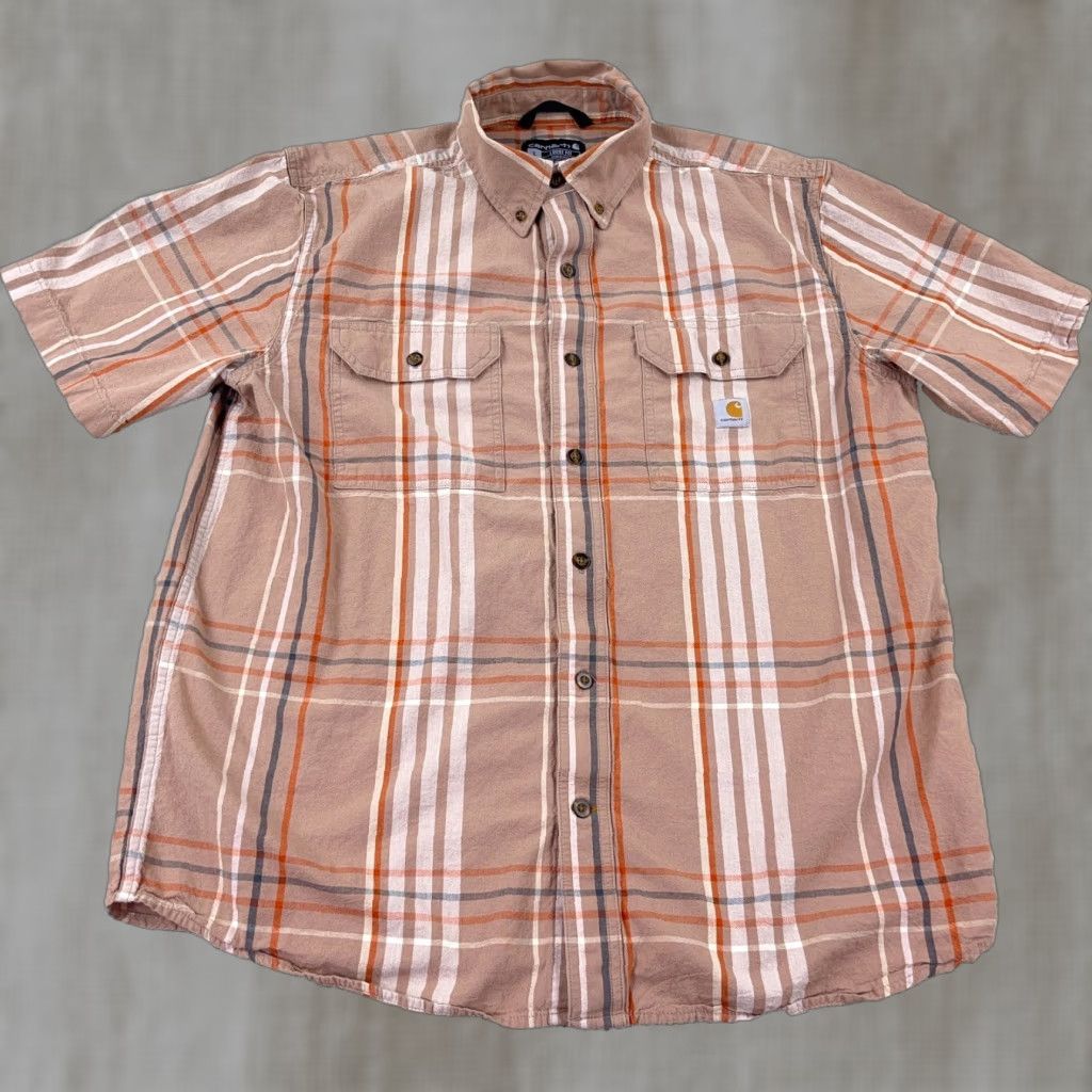 Carhartt VINTAGE Carhartt Shirt Men Large Tan Orange Plaid Button Up Loose Fit Workwear Pockets Size US L / EU 52-54 / 3 - 1 Thumbnail