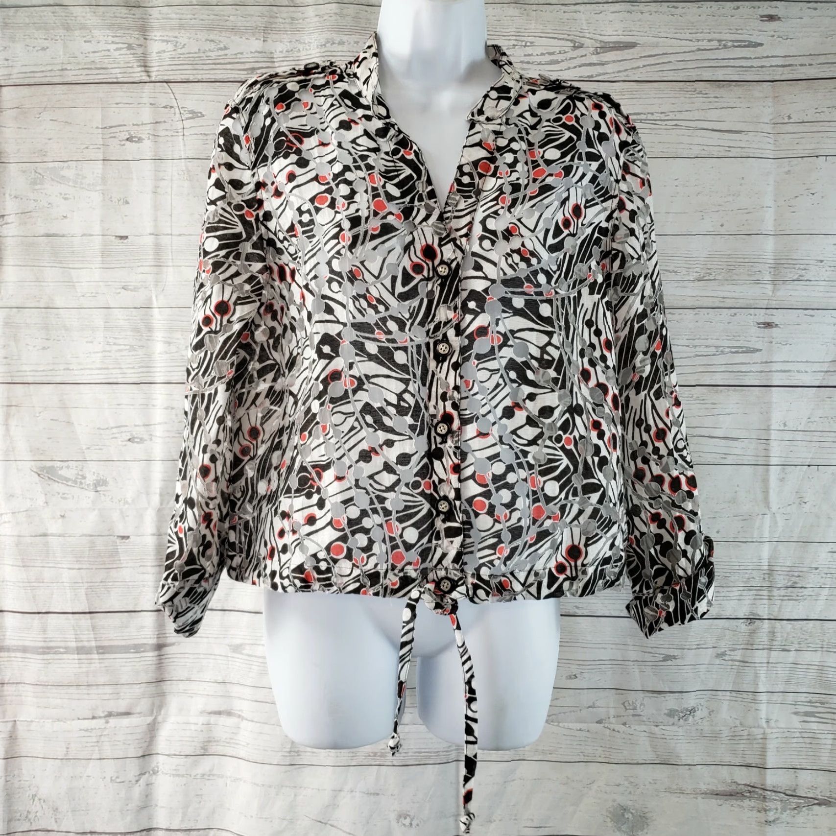 Vintage Lark Lane Womens Top Sz 8 Black Red Button Front Burnout 3/4 Sleeve Rayon Blend Size M / US 6-8 / IT 42-44 - 2 Thumbnail