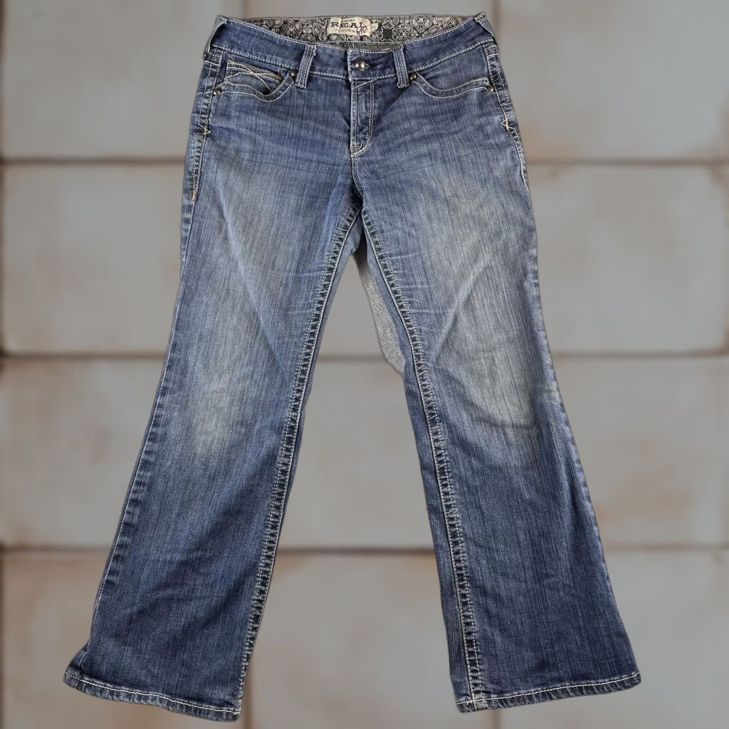 Ariat Ariat Real Denim Jeans Women's 32S Blue Distressed Bootcut 5-Pocket Logo Embroidered Denim Cotton Spandex Regular Size 32 — City College Logo Size 24" / US 00 / IT 34 - 1 Thumbnail