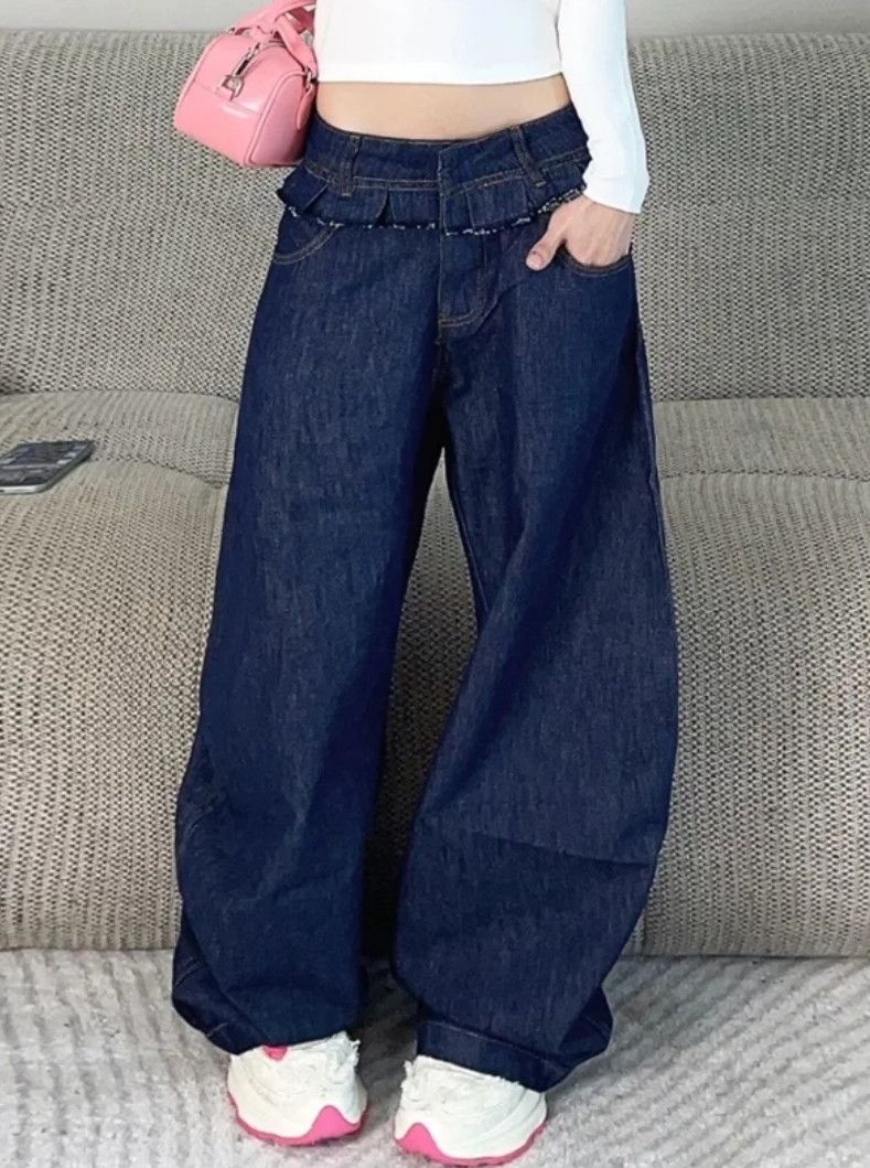 Japanese Brand × Vintage High Waisted Double Laces Waist Baggy Jeans Y2K Size 33" - 2 Thumbnail