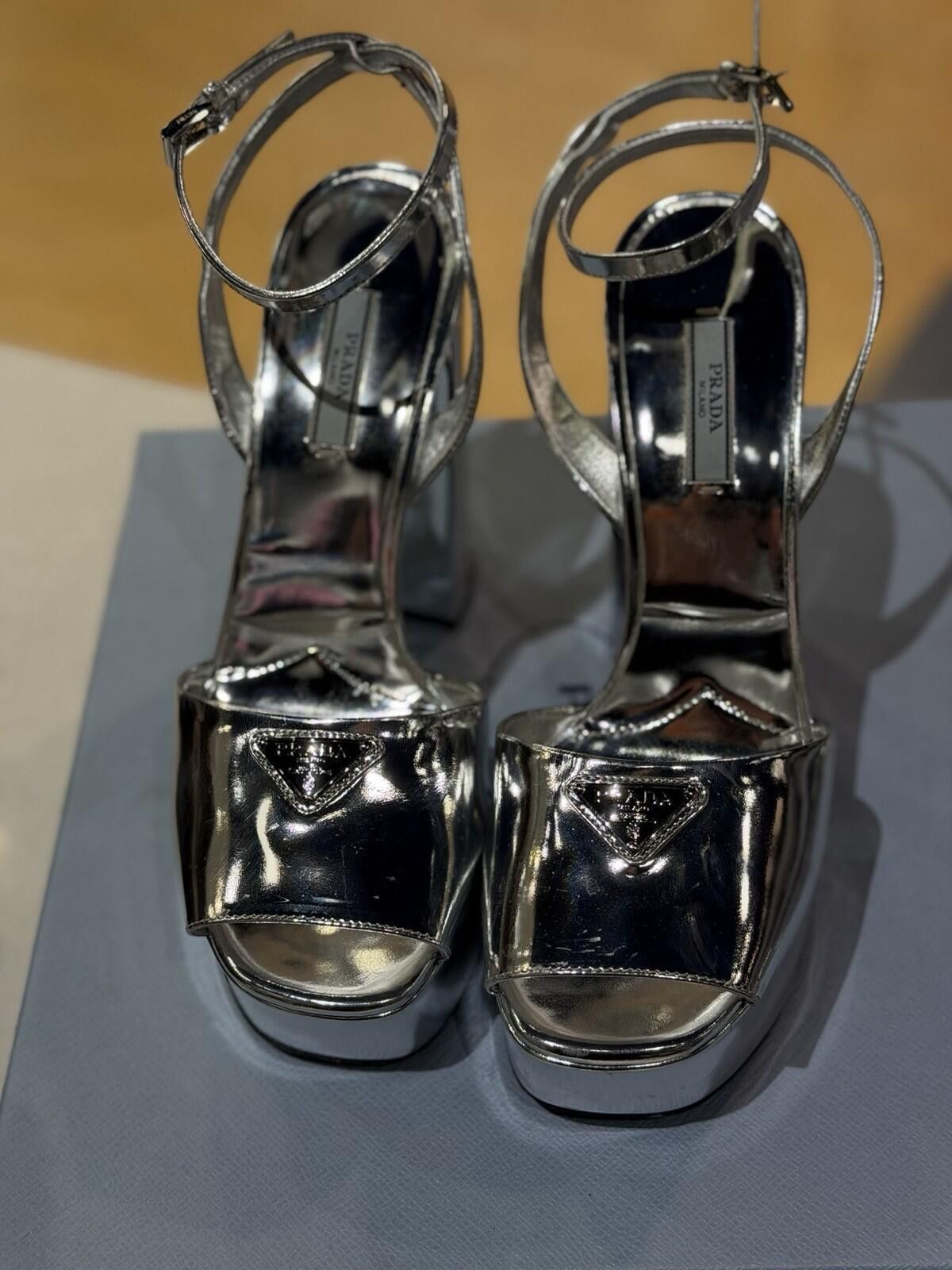 Prada Prada 135mm Metallic Silver Logo Platform Sandal Heel 39.5EU Size US 9.5 / IT 39.5 - 3 Thumbnail