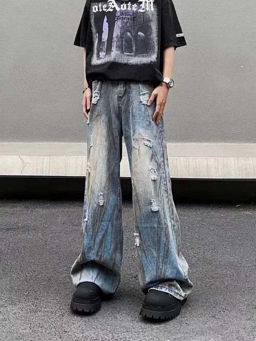 VIBE High Street Dirty Dye Washed Ripped Baggy Jeans Size US 32 / EU 48 - 7 Thumbnail
