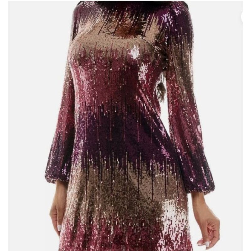Other Maison Tara Pink & Tan Sequin LS Party Dress - Size 14 Size XL / US 12-14 / IT 48-50 - 1 Thumbnail