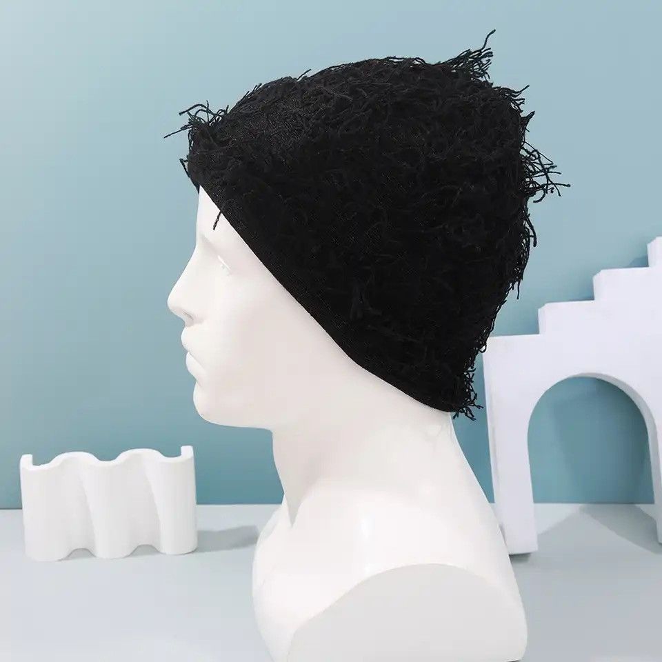 Vintage Distressed Knitted Beanie (black) Size ONE SIZE - 3 Thumbnail