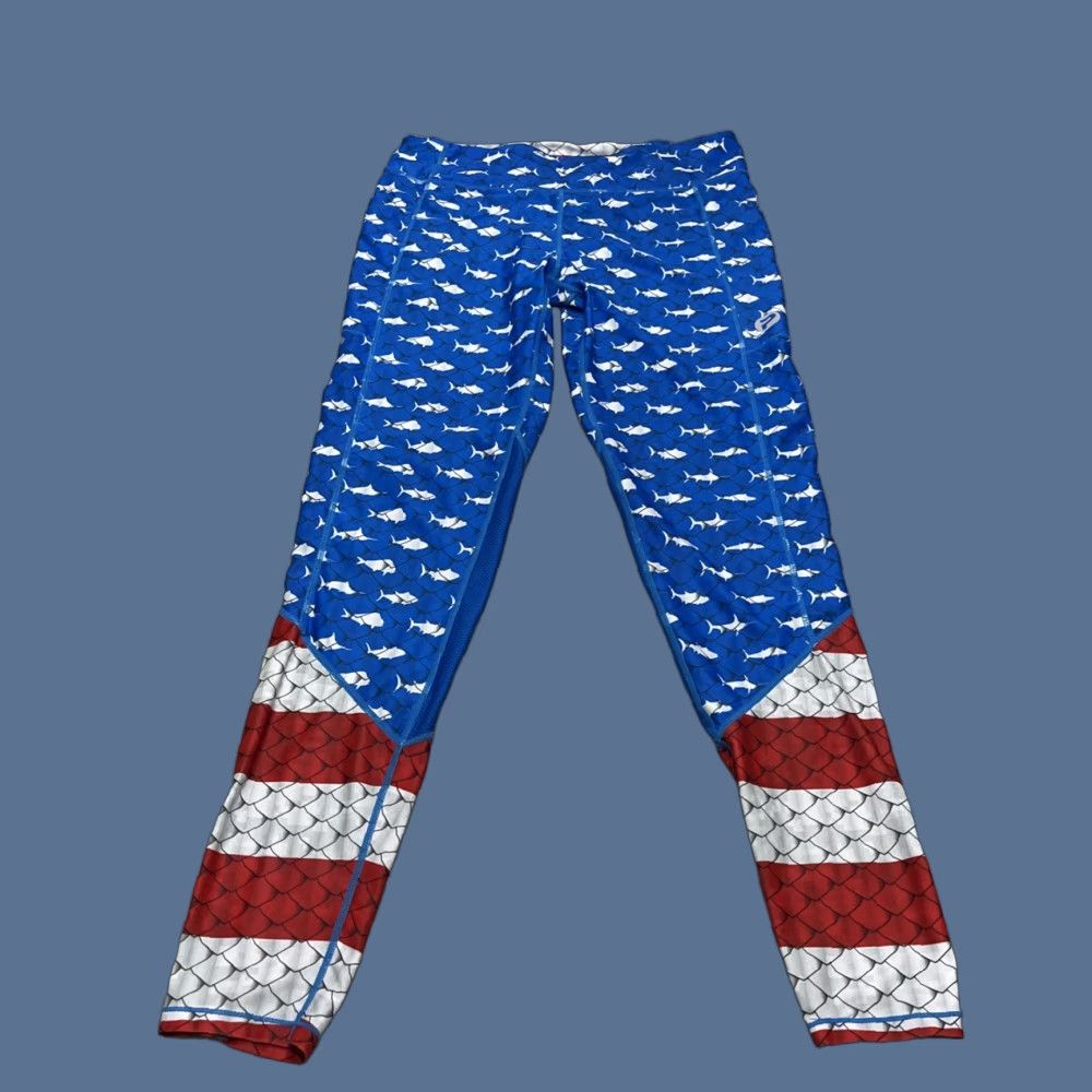 Vintage PELAGIC Leggings Women L Blue Fiji Americano Patriotic Fish UV Compression Activewear Pattern Oceanflex Pants Size 36" / US 14 / IT 50 - 1 Thumbnail