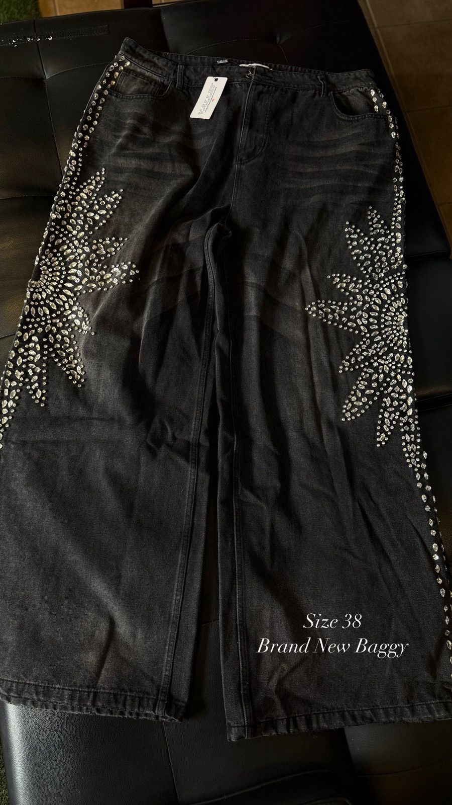 Vale Valley Stone Crystal Rhinestone Baggy Black Jeans Size 38 Size US 38 / EU 54 - 10 Thumbnail