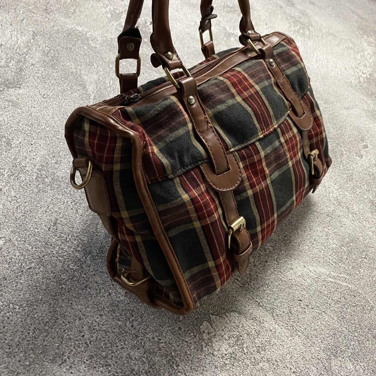 Japanese Brand 2000s Plaid Pattern Leather Trim Handbag Size ONE SIZE - 6 Thumbnail