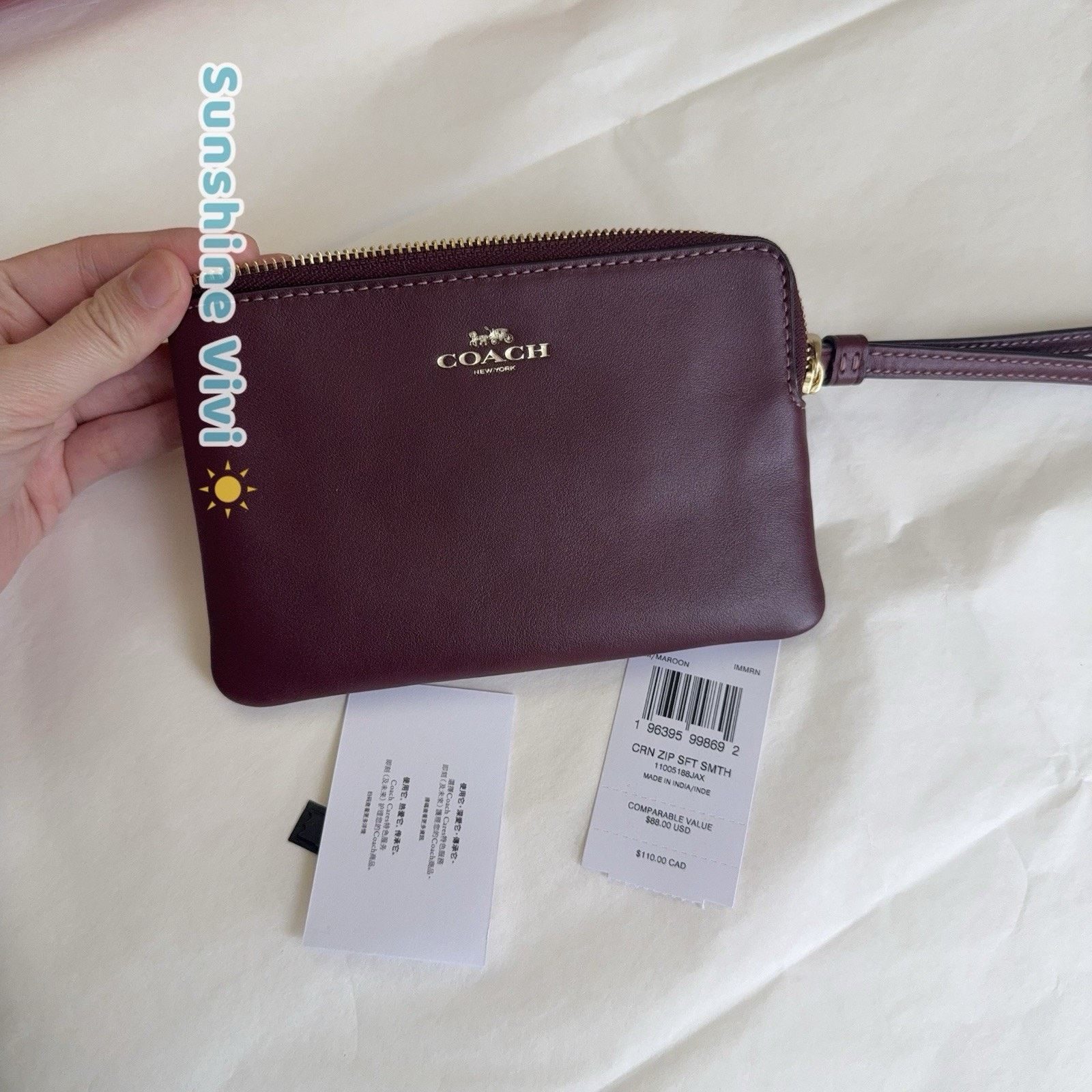 Coach NWT Coach Corner Zip Wristlet In Leather Maroon CCL23 Size ONE SIZE - 4 Thumbnail