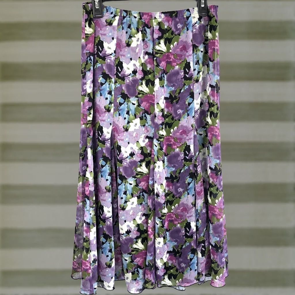Vintage Christopher Banks Chiffon Flowy Skirt S Purple Floral Pleats Midi A-Line Womens Size 28" / US 6 / IT 42 - 1 Thumbnail