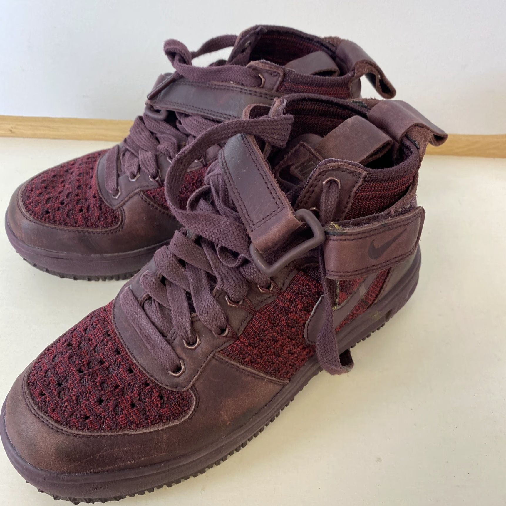 Nike VINTAGE Nike Lunar Air Force 1 High Flyknit Work Boot Maroon Burgundy WMNS Sz 6 / S1 Hi Tops Boots Womens Size US 6 / IT 36 - 3 Thumbnail