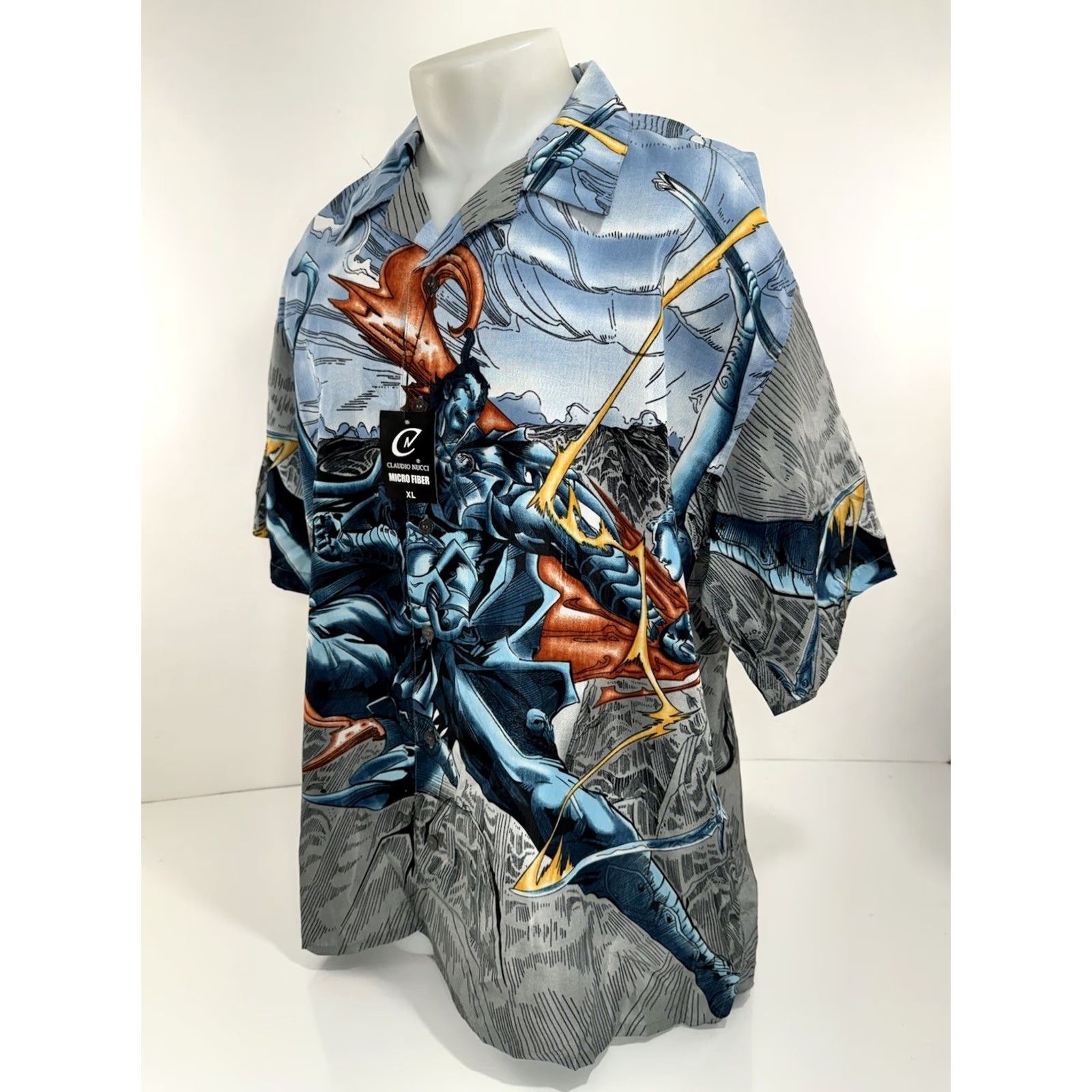Vintage CLAUDIO NUCCI XL Shirt - New w Tags - Japanese Samurai Anime Button-Up, Short Sleeve, Blue, Men Interactive XL, Anime Theme, Mens Shirt Size US XL / EU 56 / 4 - 2 Thumbnail