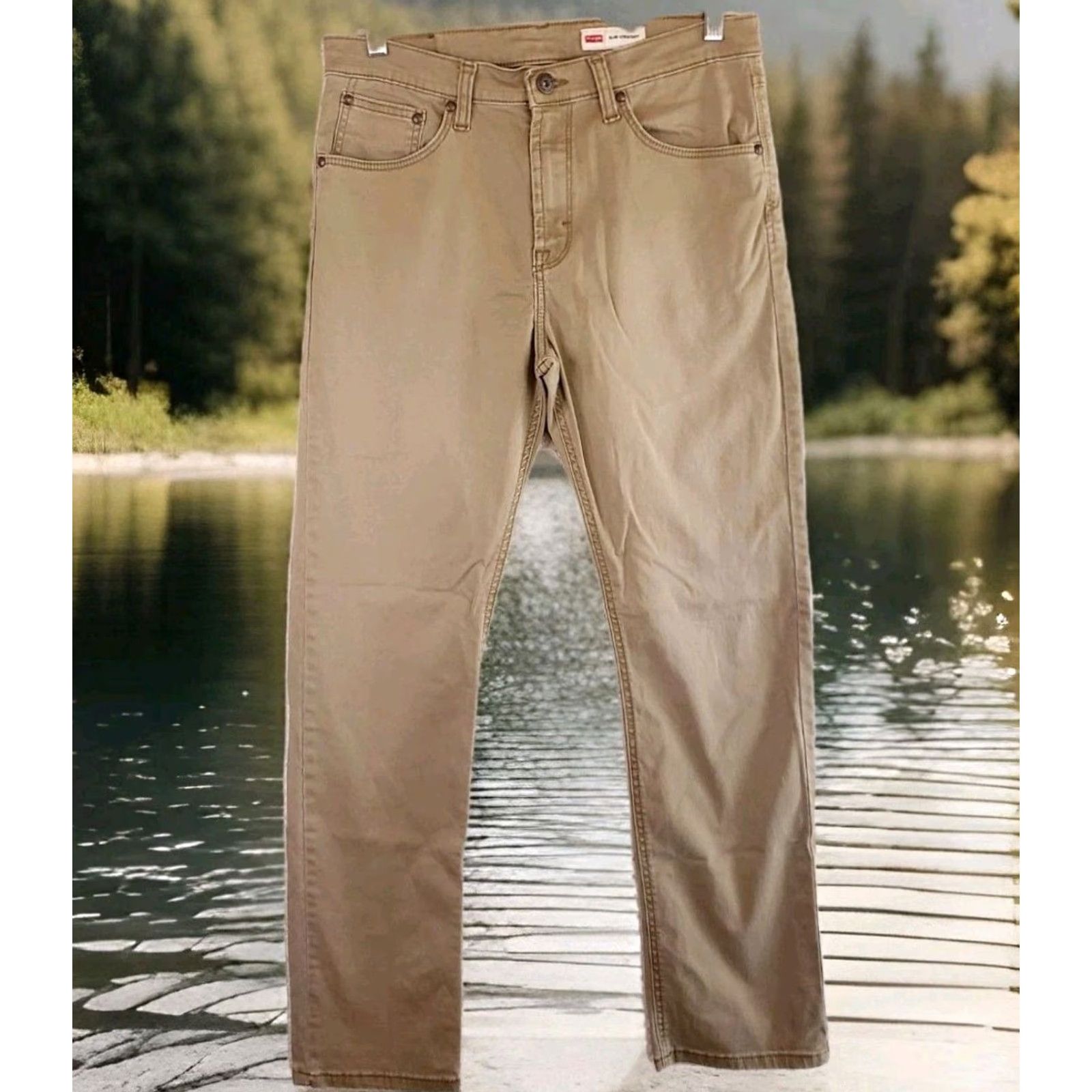 Wrangler Wrangler 5 Star Premium Slim Straight Jeans Tan 32x32 Mens Regular Cotton Elastane Stretch 5-Pocket USA Cowboy Logo Zipper Button Denim Size US 32 / EU 48 - 2 Thumbnail