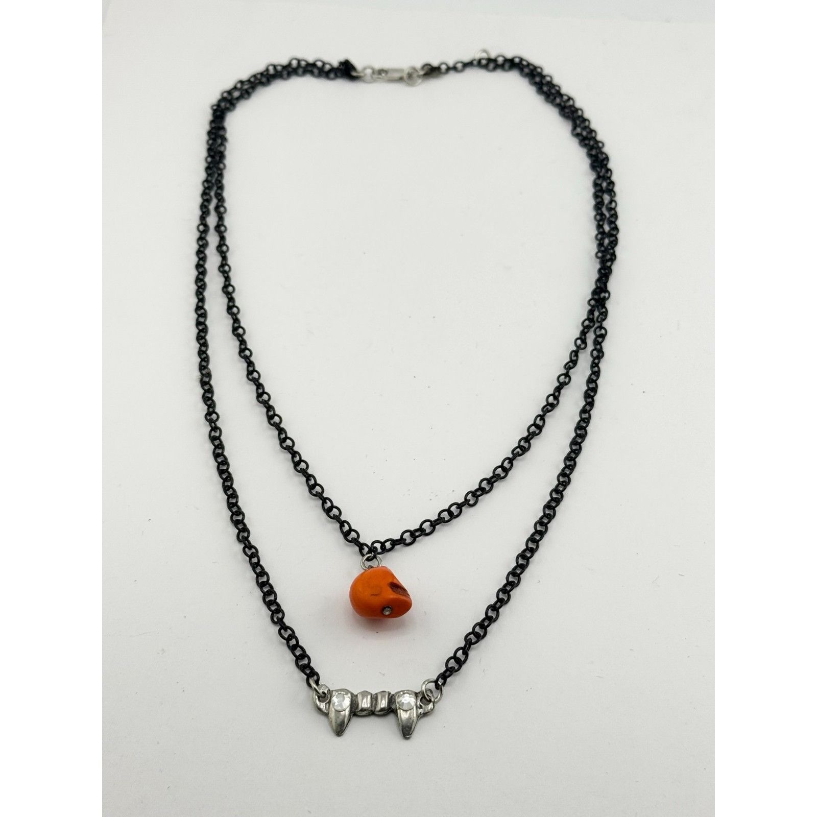Vintage Orange Howlite stone skull rhinestone fangs double chain Hal Size ONE SIZE - 3 Thumbnail