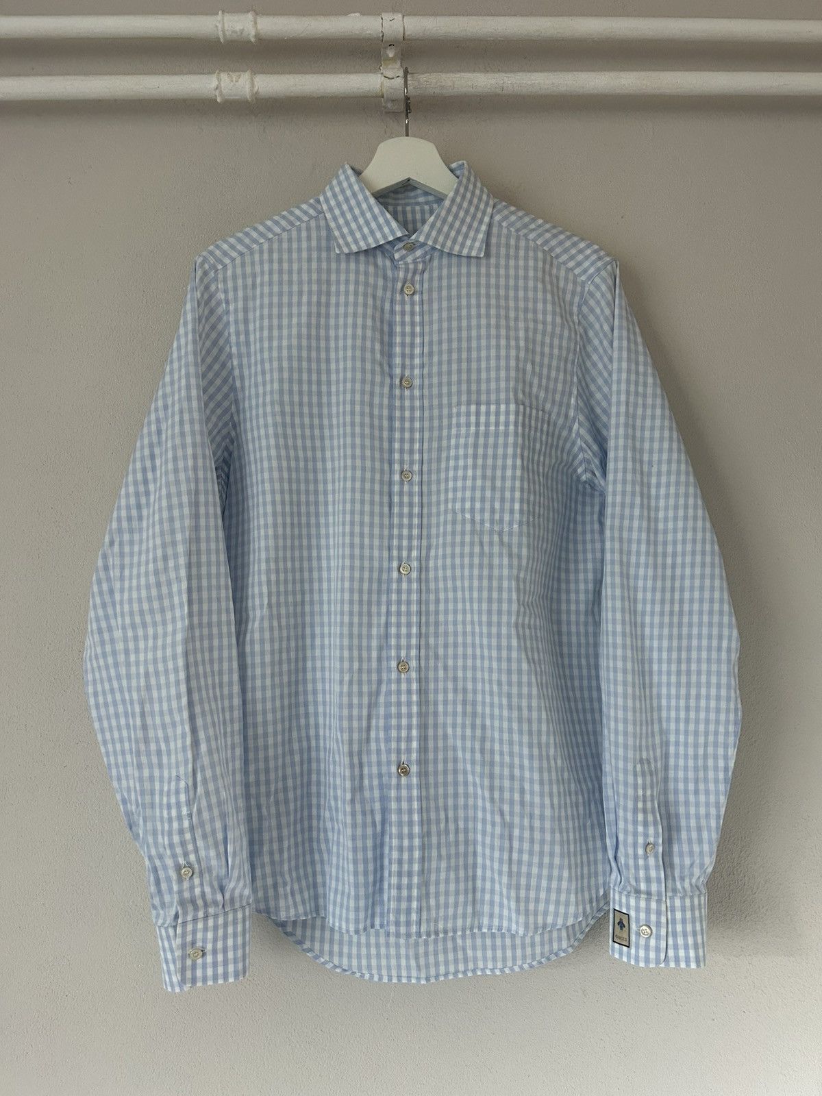 Gucci Gucci Blue Gingham Shirt with Bee Cuff Patch Size US M / EU 48-50 / 2 - 1 Thumbnail
