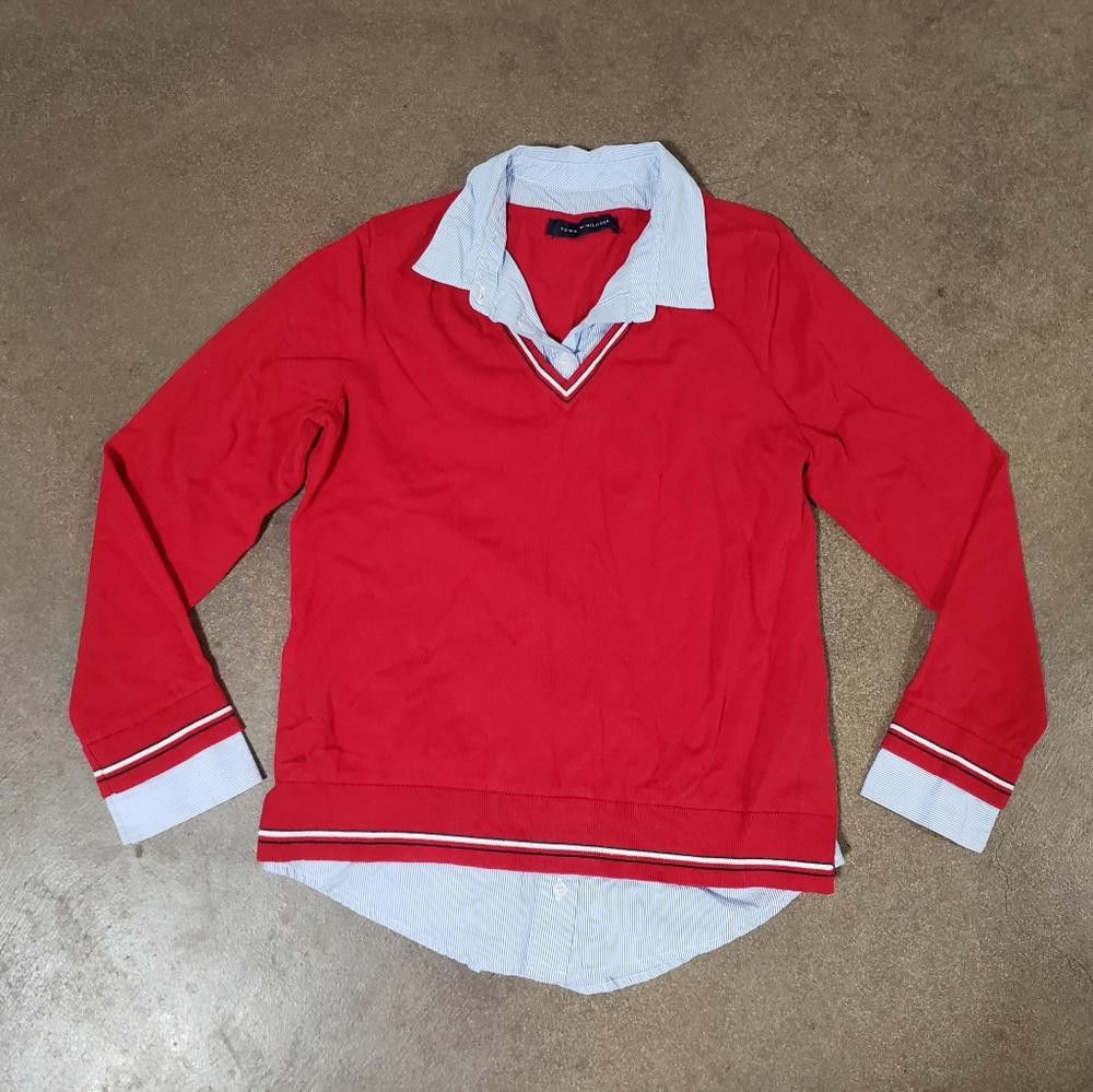 Tommy Hilfiger Red Blue Layered TH Vneck Sweater Size M / US 6-8 / IT 42-44 - 1 Thumbnail