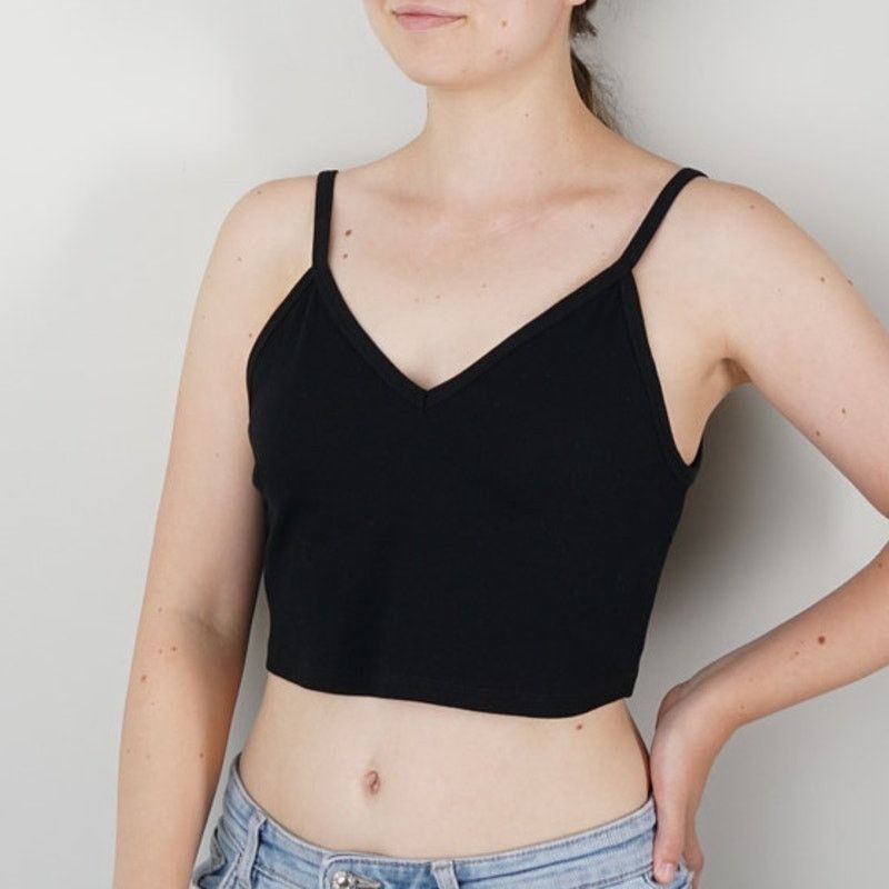 Zara Zara Ribbed Black Crop Top Spaghetti Strap Cami Solid V-neck Size L / US 10 / IT 46 - 1 Thumbnail