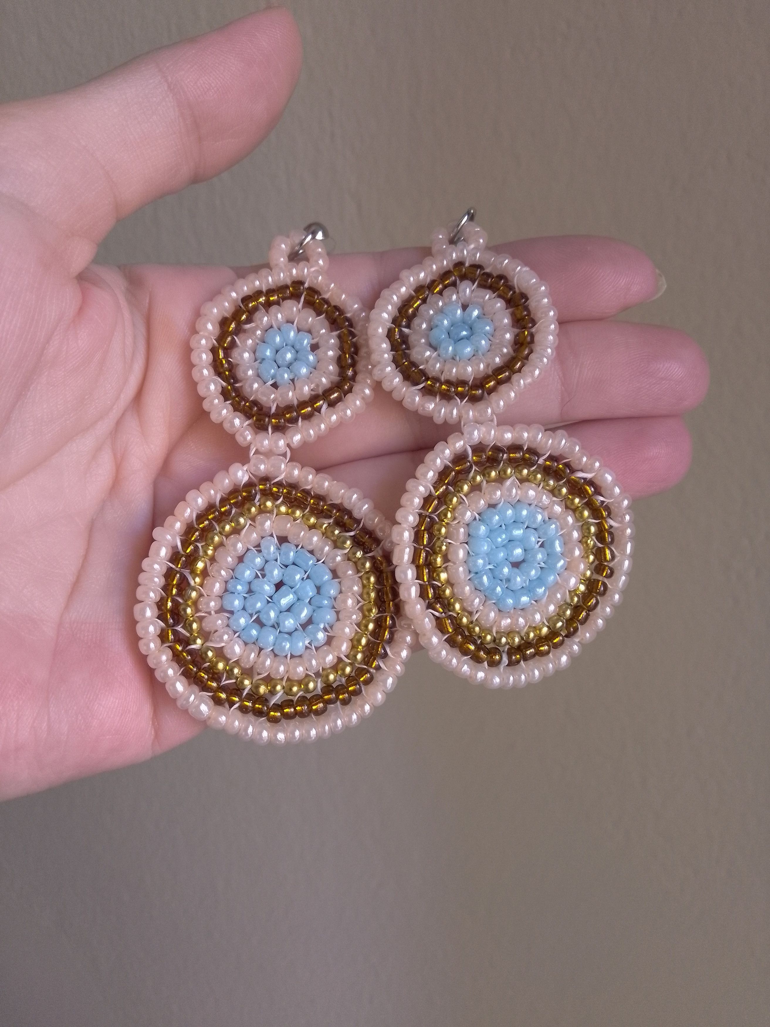 Handmade Earrings Circles Long Pink Brown Blue Embroidered Size ONE SIZE - 2 Thumbnail