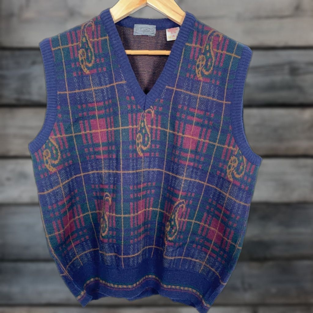 Vintage VINTAGE Eaton Plaid Paisley Sweater Vest Men XL Blue Italy Knit Wool Blend Size US XL / EU 56 / 4 - 1 Thumbnail