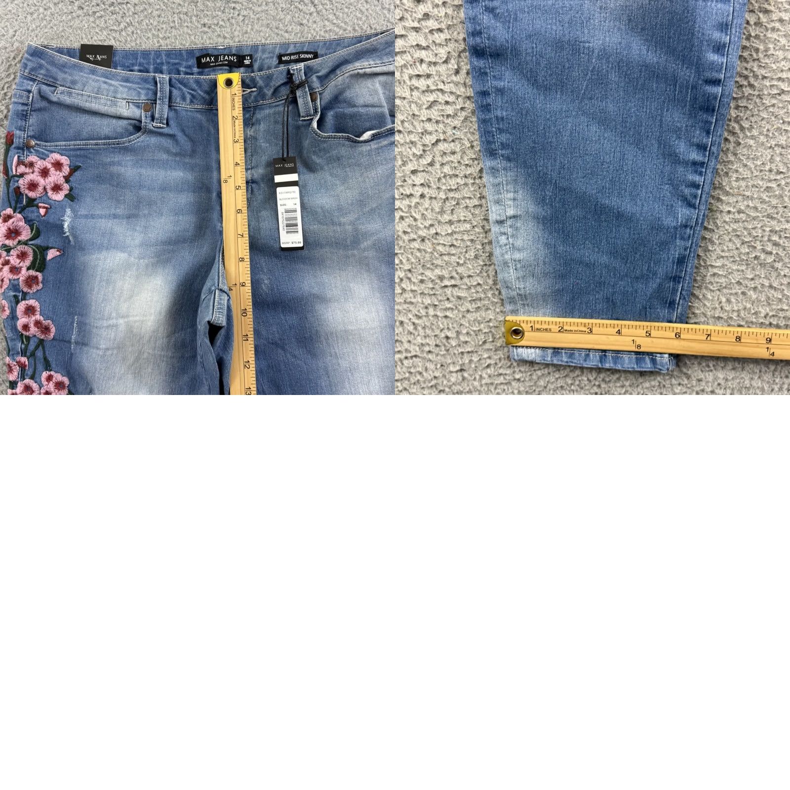 Denime Max Jeans Womens 14 Blue Mid Rise Skinny Denim Floral Embroidered Outdoor NWT Size 36" / US 14 / IT 50 - 9 Thumbnail