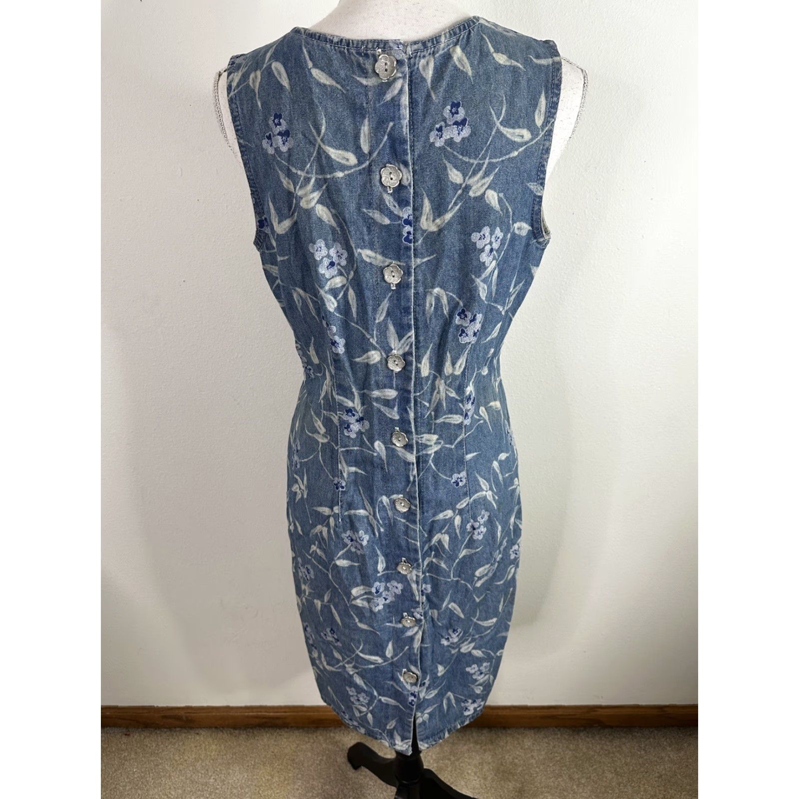 Denime VINTAGE Denim Mini Dress Womens Medium Floral Sleeveless Blue Jean 90s Size 32" / US 10 / IT 46 - 3 Thumbnail