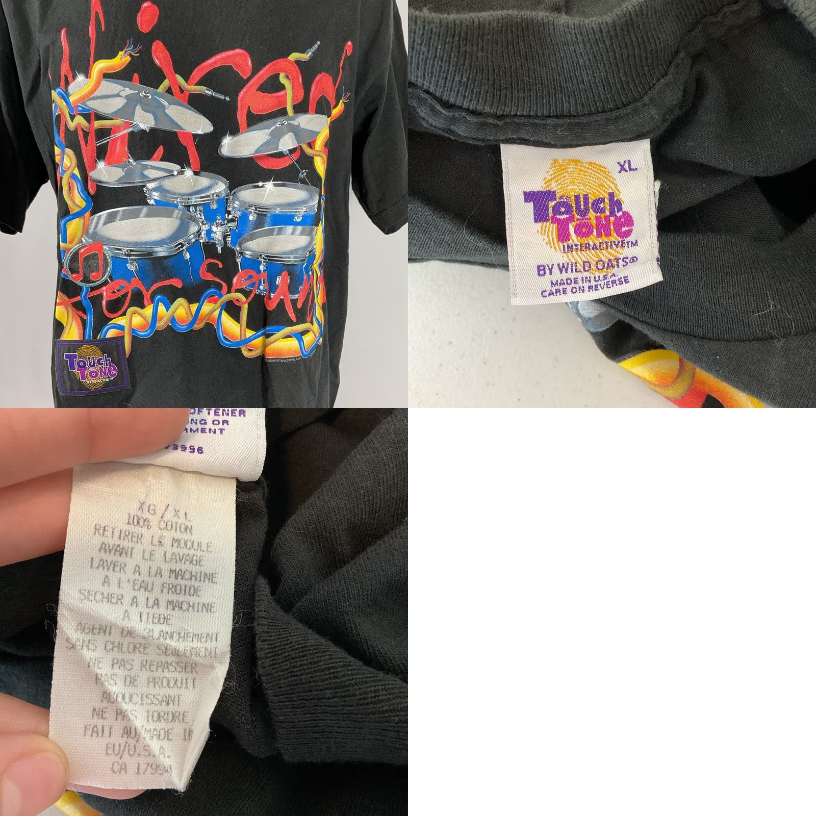 Vintage VTG 90s Wild Oats WIRED FOR SOUND drums T-Shirt Mens XL Black USA MADE Size US XL / EU 56 / 4 - 8 Thumbnail