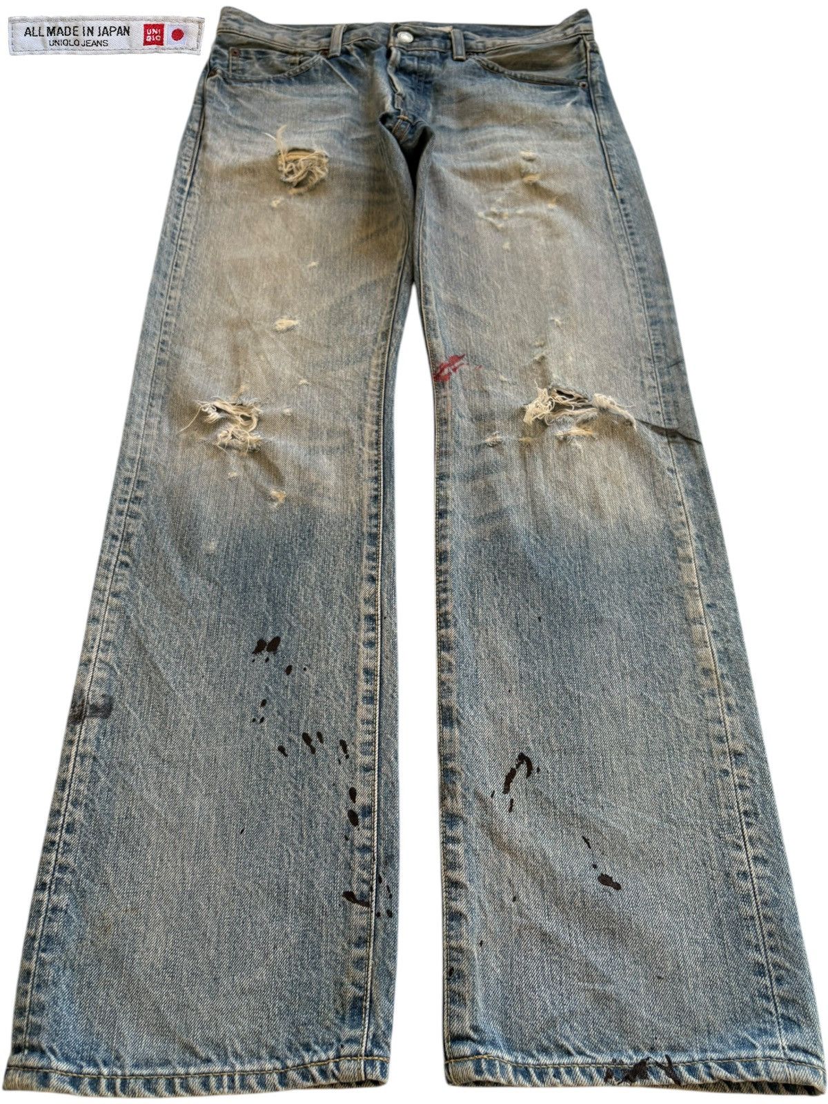 Japanese Brand × Uniqlo Vintage Uniqlo Button Fly Painted Mud Wash Distressed Jeans Size US 31 - 1 Thumbnail