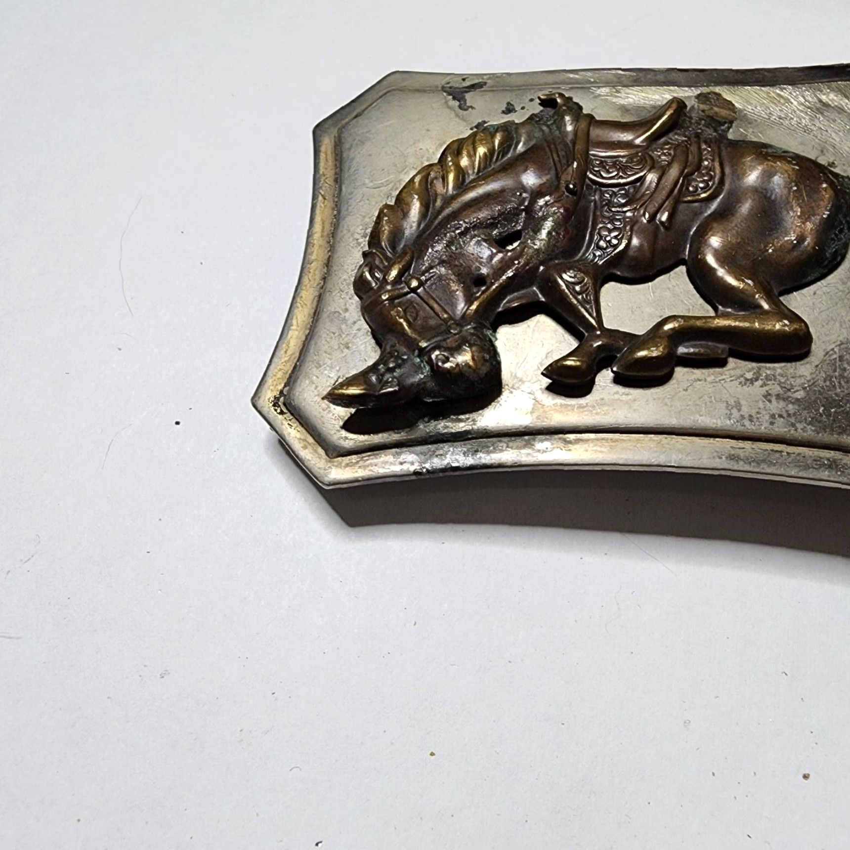 Vintage VINTAGE Nickel Silvertone & Bronze Western Saddle Bucking Bronco Belt Buckle Size ONE SIZE - 2 Thumbnail