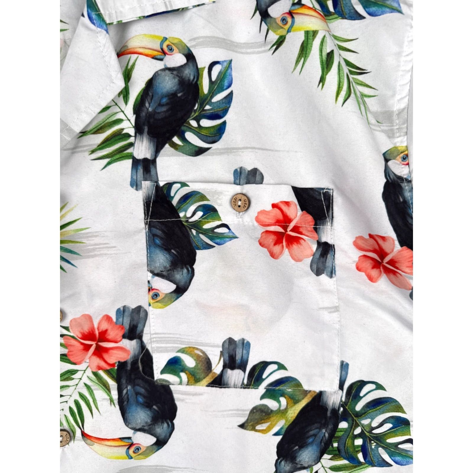 FUZZI Uzzi Shirt Men Hawaiian Floral Toucan White 2XL 100% Polyester Pocket Aloha Resort Vacation Size US XXL / EU 58 / 5 - 6 Thumbnail