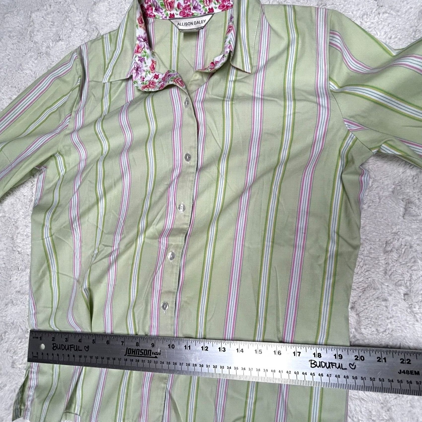 Vintage Allison Daley Women's Top Green Striped Button Down Shirt 3/4 Sleeve Size 8 Size M / US 6-8 / IT 42-44 - 7 Thumbnail