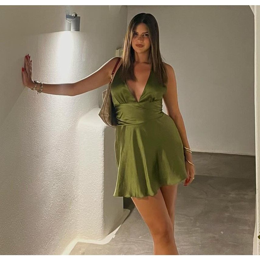 Zara Zara Satin Halter Mini Dress Olive Green Open Back NWT Size L / US 10 / IT 46 - 20 Thumbnail