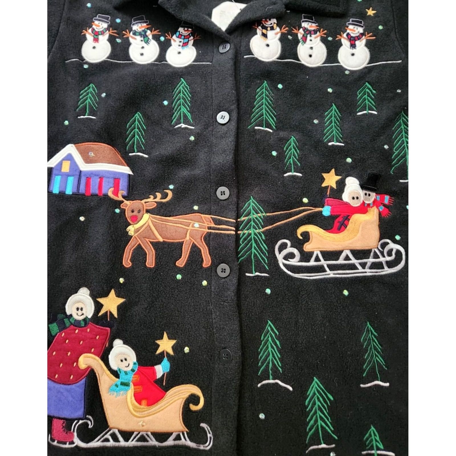 Quacker Factory Quacker Factory Womens Jacket S Black Fleece Christmas Long Sleeve Button Up Embroidered Snowmen Size S / US 4 / IT 40 - 3 Thumbnail