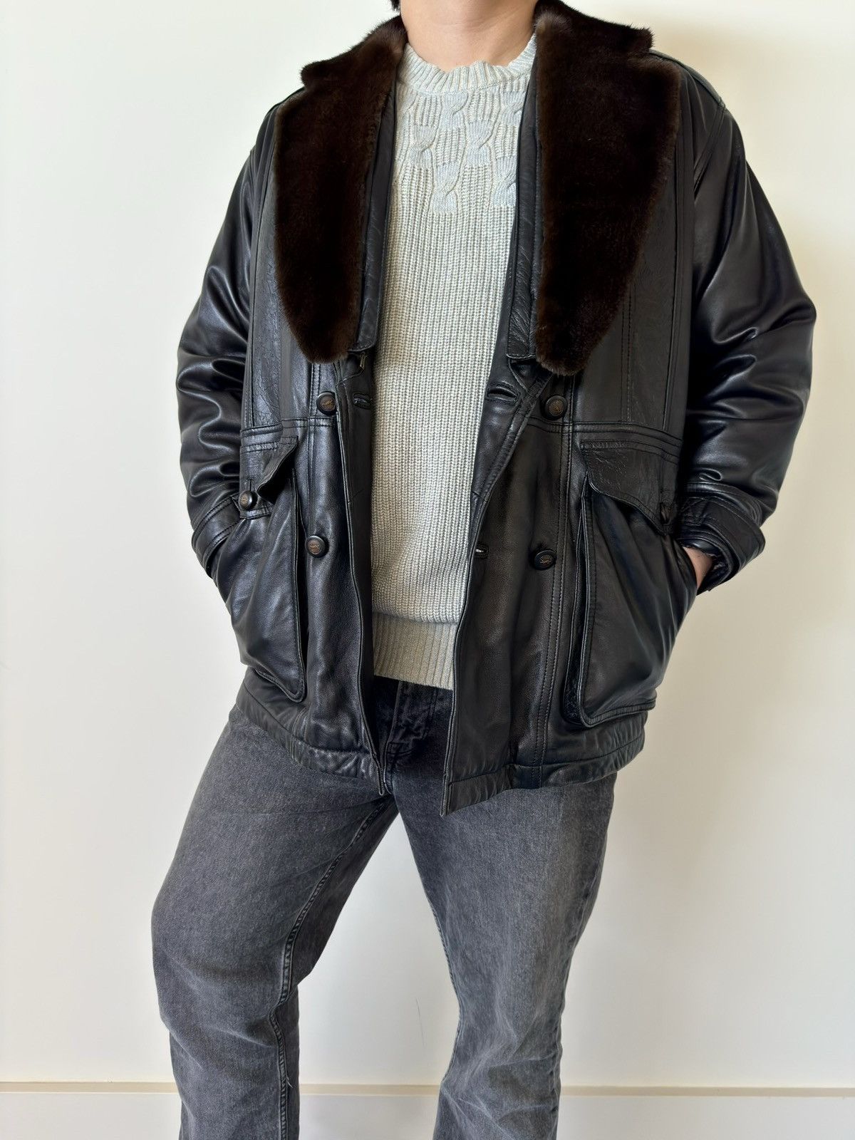 Yves Saint Laurent Vintage YSL Leather Jacket with Detachable Mink Collar Size US L / EU 52-54 / 3 - 8 Thumbnail