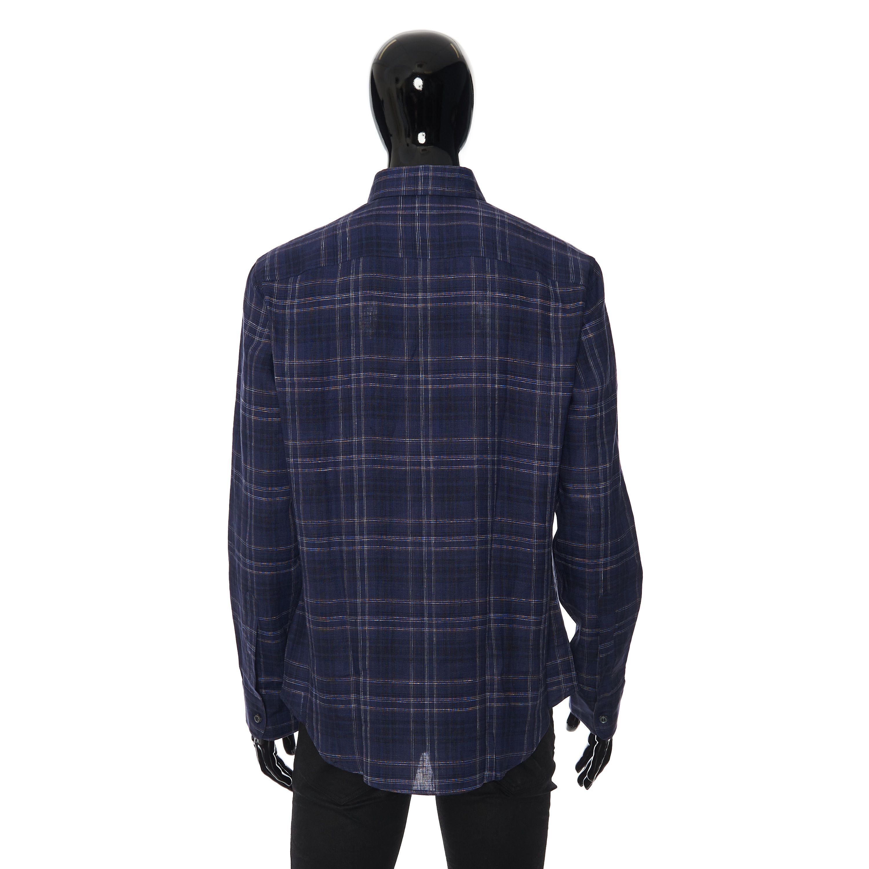 Brioni Longsleeve Fitted Shirt In Checked Blue Linen Size US M / EU 48-50 / 2 - 5 Thumbnail