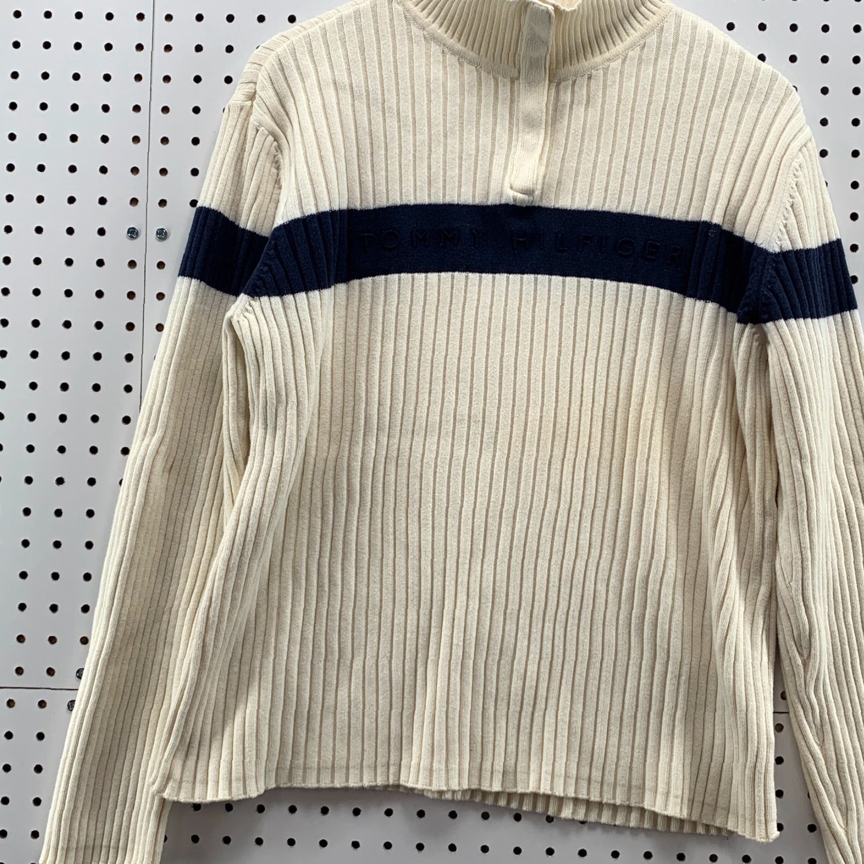 Tommy Hilfiger Tommy Hilfiger Ribbed Knit 1/4 Snap Sweater Striped Beige Blue Womens 2XL Mock Neck 90s Pullover Size XXL / US 16-18 / IT 52-54 - 5 Thumbnail