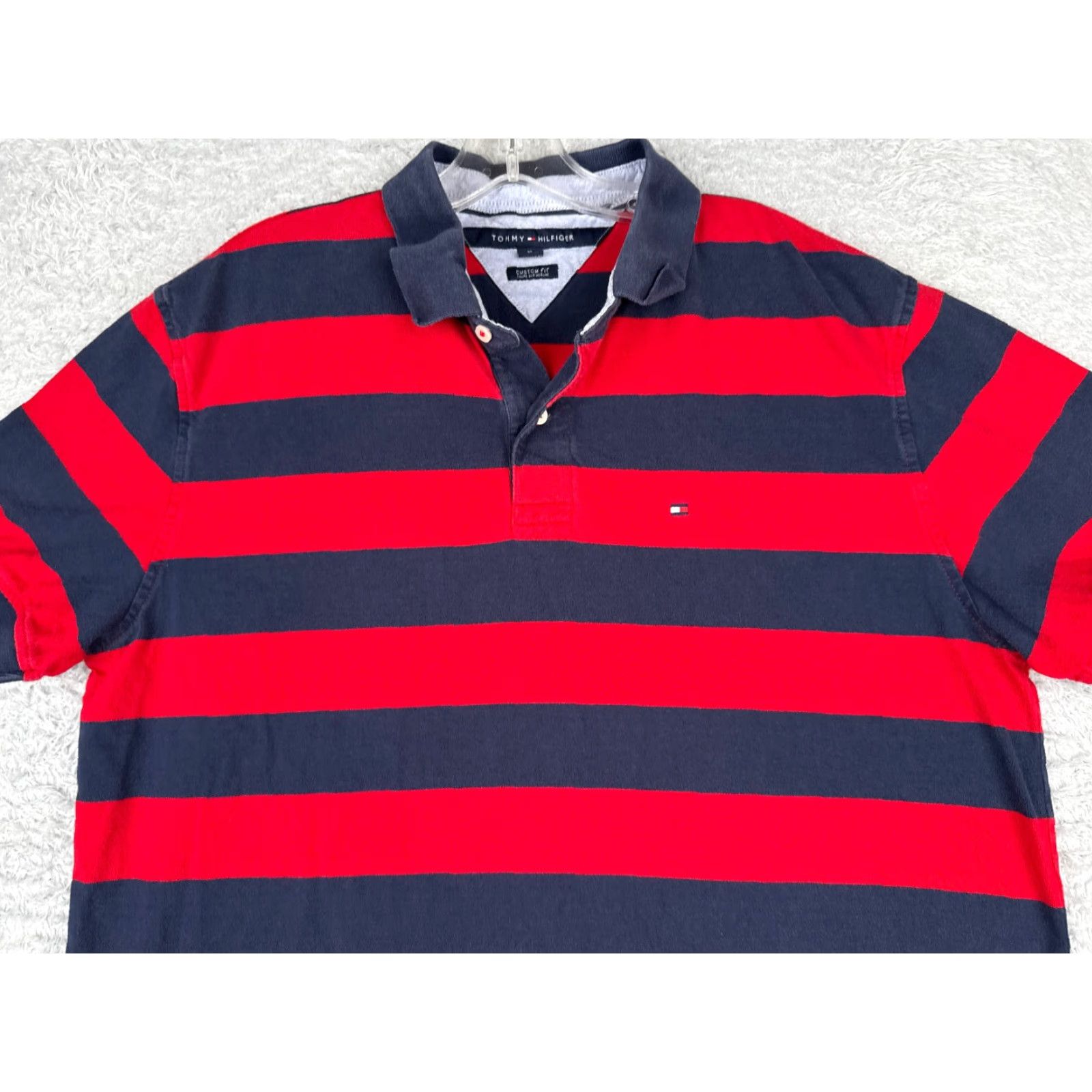 Tommy Hilfiger Tommy Hilfiger Polo Shirt Men XL Red Blue Stripe 100% Cotton Slim Fit Regular Shirt, Short Sleeve, Embroidered Logo, Golf Sport Theme, Mens Size US XL / EU 56 / 4 - 4 Thumbnail