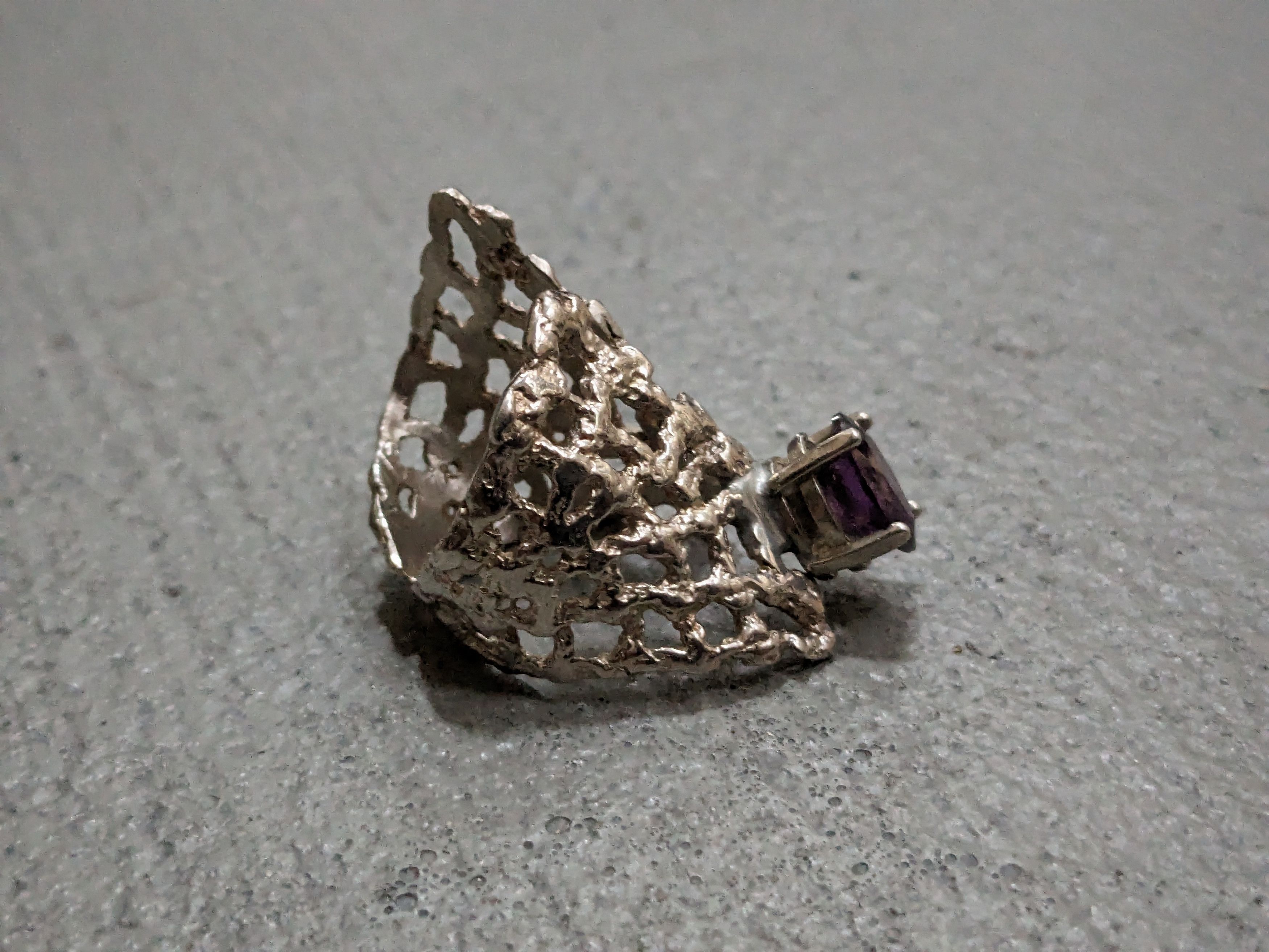 Jewelry Sterling Silver Ring Amethyst Size 8 Adjustable Brutalist Size ONE SIZE - 9 Thumbnail