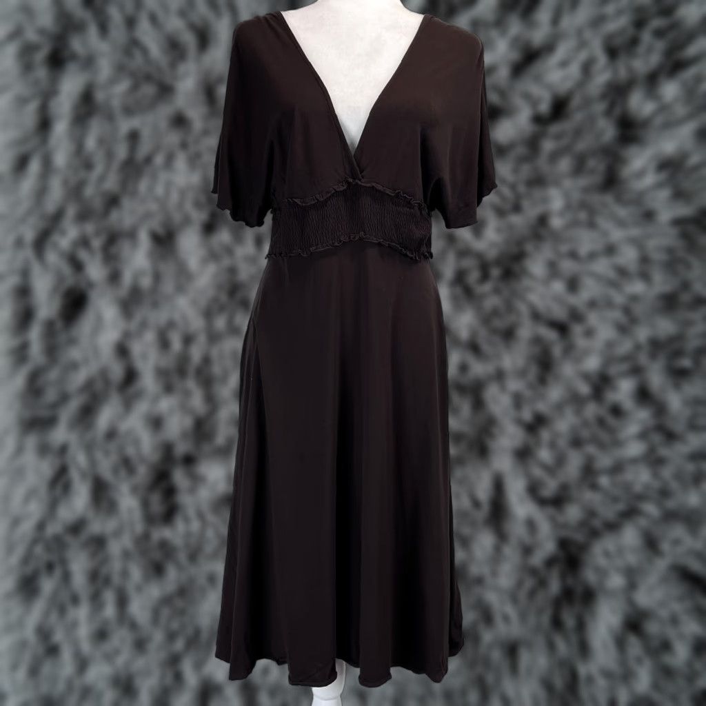 Bcbgmaxazria BCBGMAXAZRIA Dress V-Neck Midi Flutter Sleeve Jersey Brown M Women Casual Slim Stretch GUC Size M / US 6-8 / IT 42-44 - 1 Thumbnail