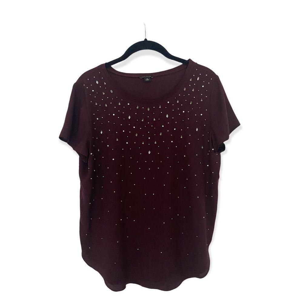 Ann Taylor Ann Taylor Maroon Short Sleeve Top w/ Stud Embellishments Si Size M / US 6-8 / IT 42-44 - 2 Thumbnail
