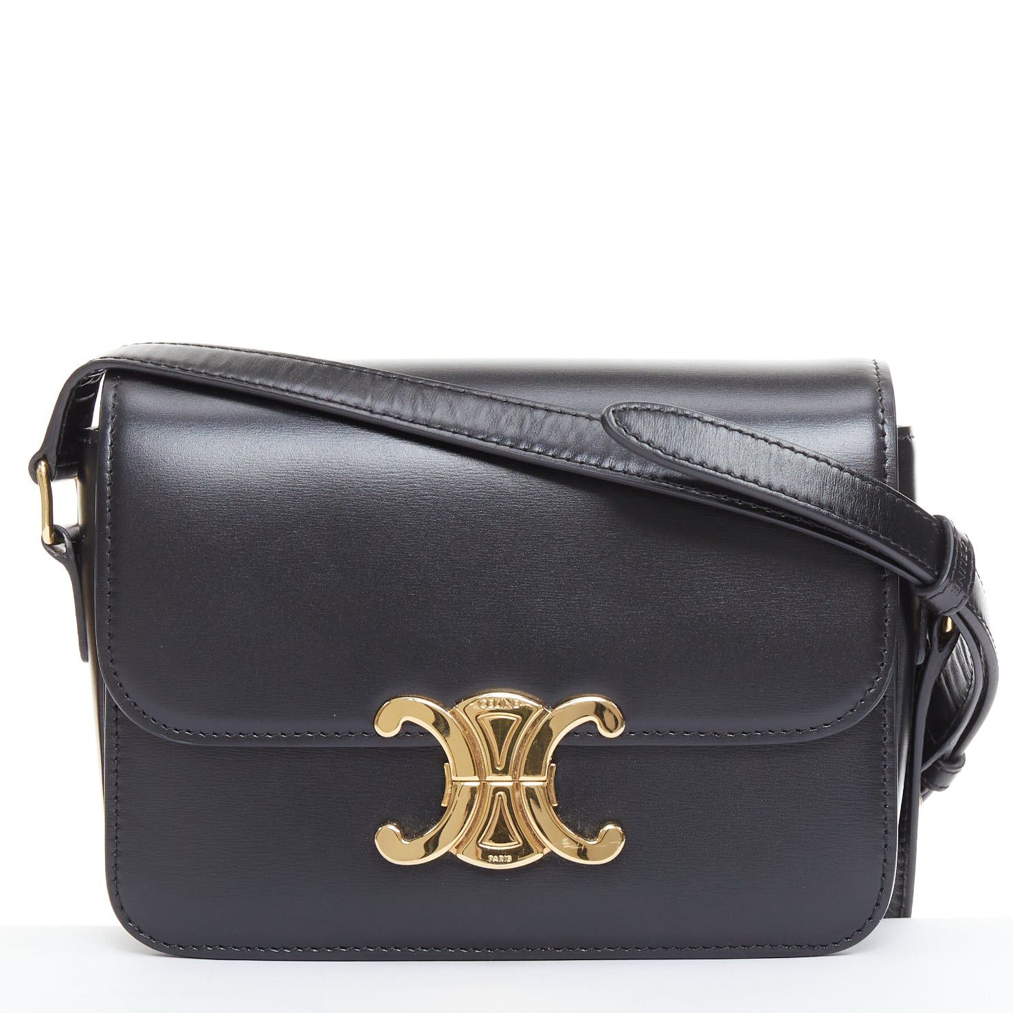Celine CELINE Teen Triomphe black shiny calfskin gold anagram logo crossbody bag Size ONE SIZE - 1 Thumbnail