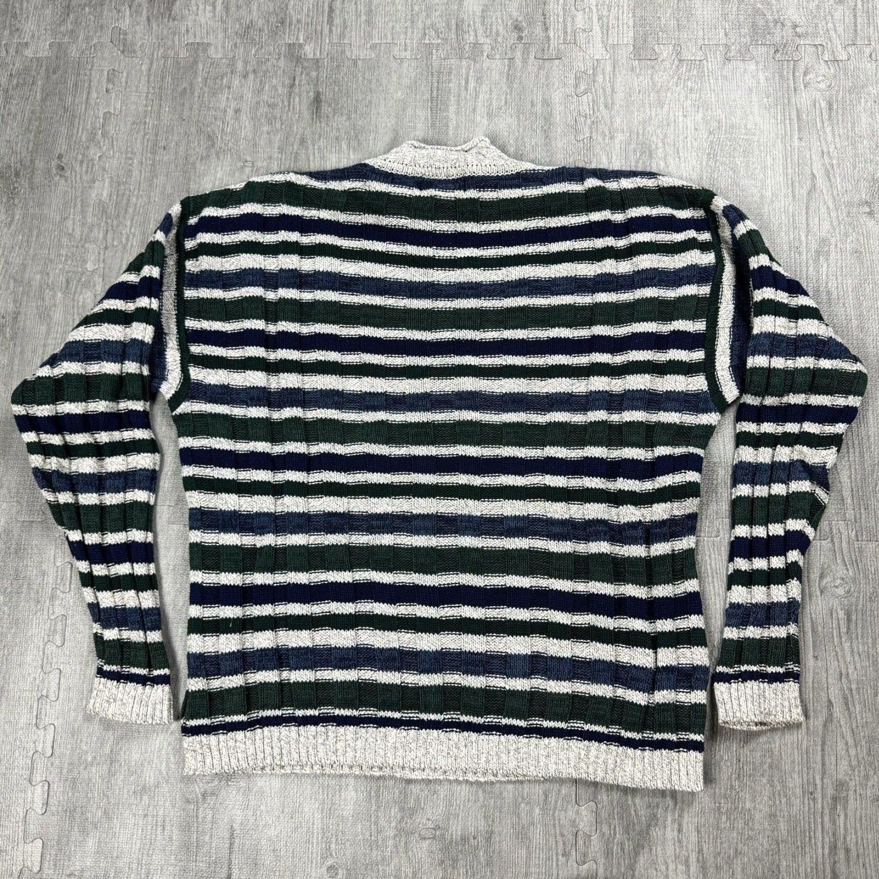 Vintage VINTAGE 90s INTERNATIONAL CONCEPTS Men’s Striped Cotton Cable-Knit Roll Neck Sweater L Size US L / EU 52-54 / 3 - 6 Thumbnail