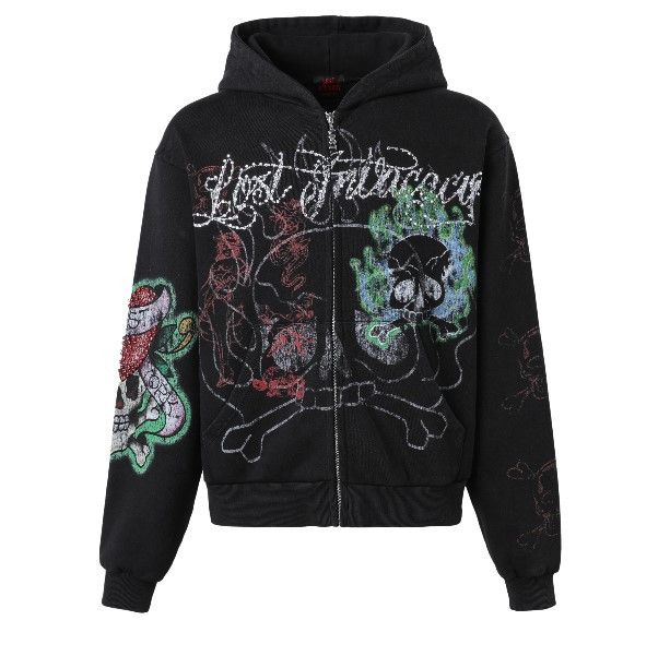LOST INTRICACY Lost Intricacy 'Skull Bound' Grey Print Black Zip