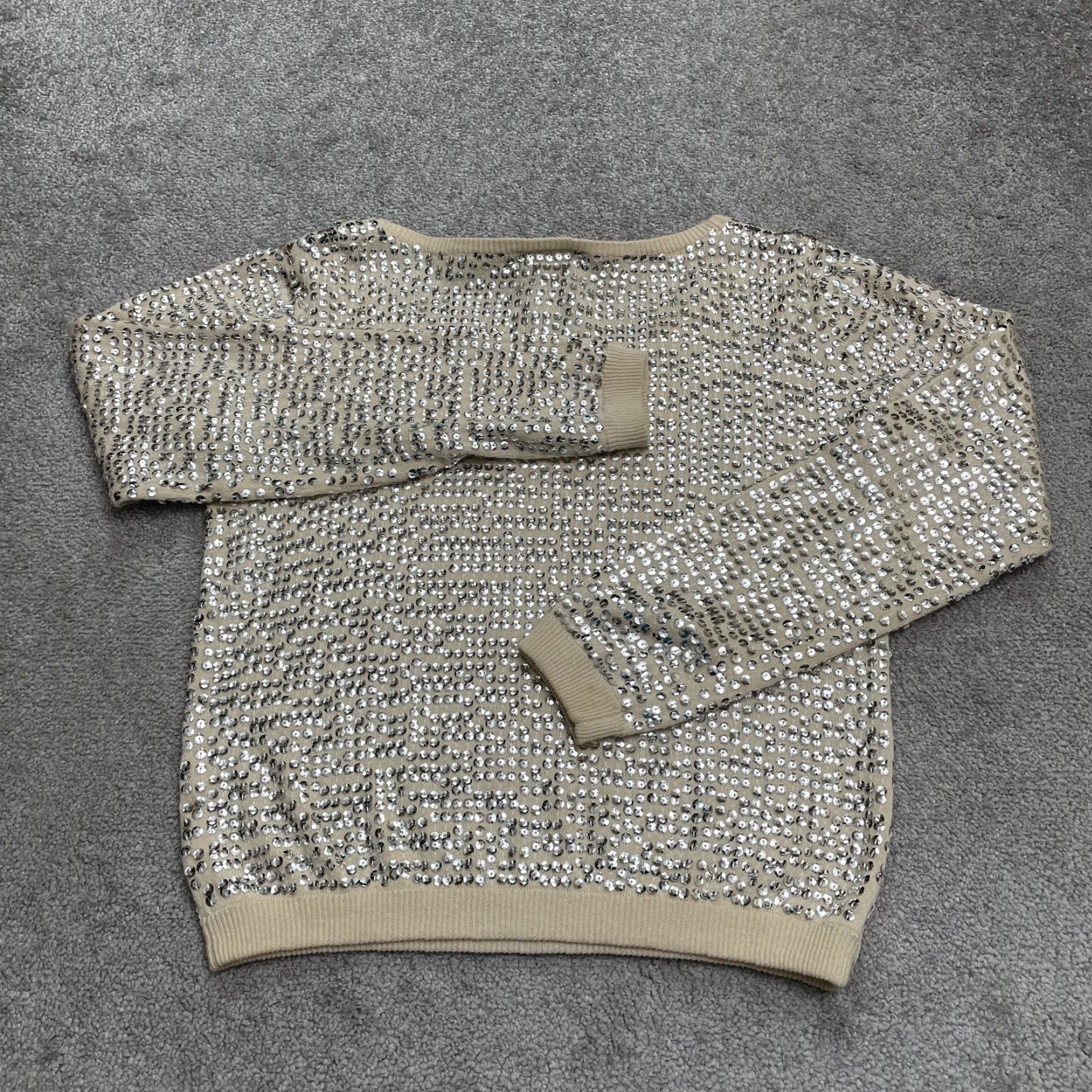 Vintage Jensen Sequin Pullover Sweater Womens Medium Ivory Cotton Casual Long Sleeve Size M / US 6-8 / IT 42-44 - 2 Thumbnail