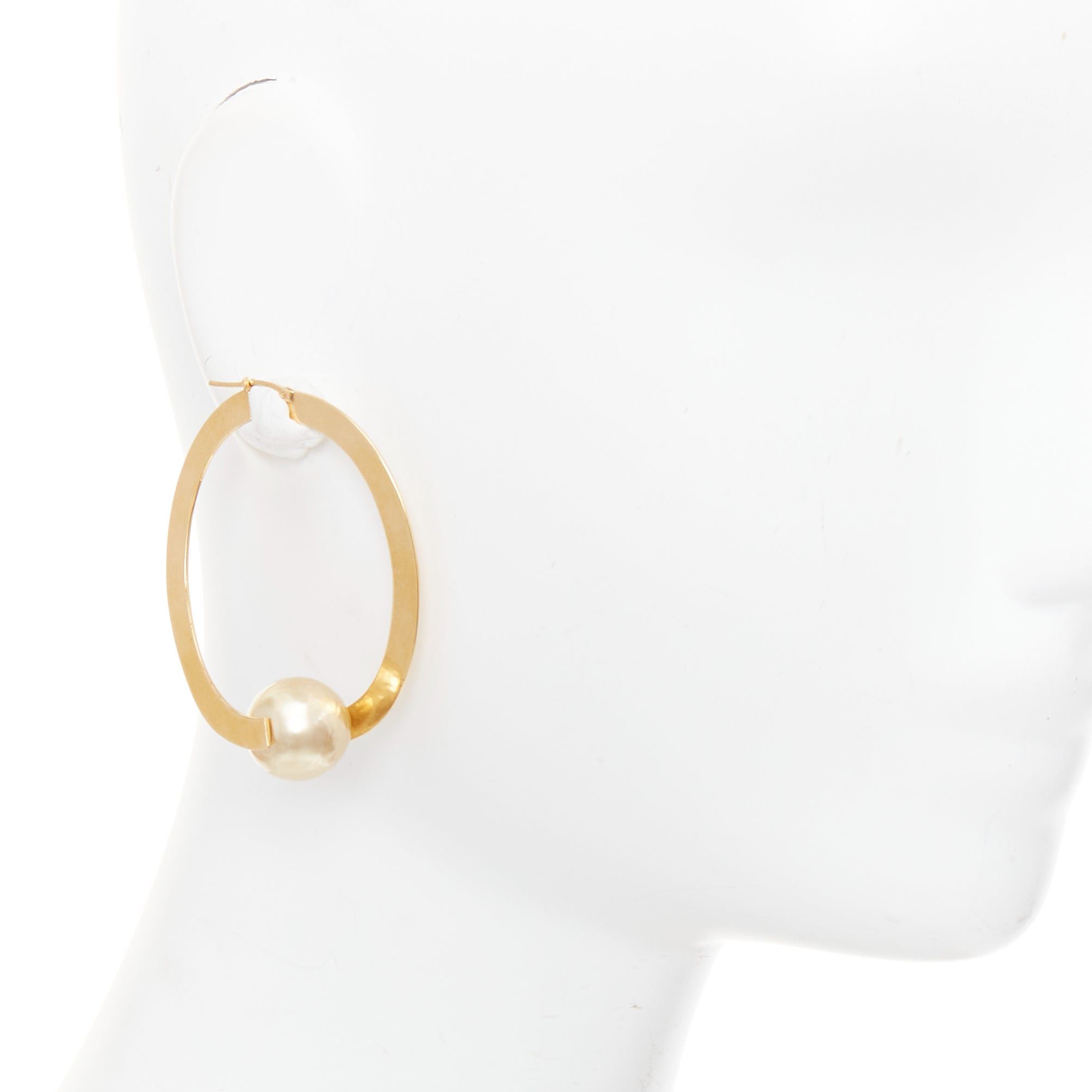 rare OLD CELINE Phoebe Philo Flat Hoop faux pearl brass hoop pin earring Pair